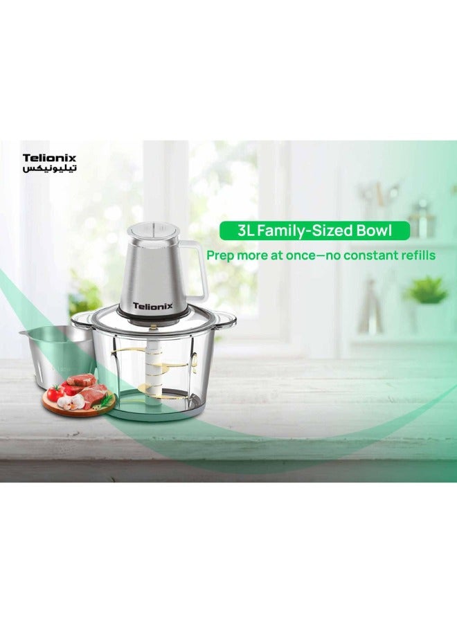 Telionix Food Chopper TC1890, 3L Capacity, 600W Power, 2-Speed Control, Full Copper Motor, 6-Layer Titanium Blades, Stainless Steel & Plastic Housing - Image 5