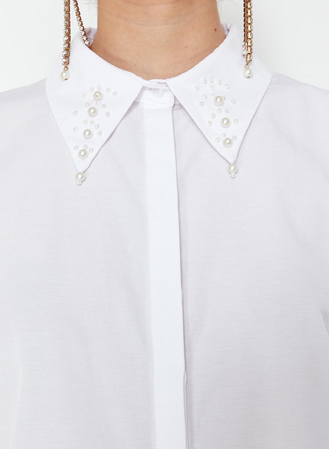 trendyol White Pearl Detailed Woven Poplin Shirt TPRSS24GO00010 - Image 5