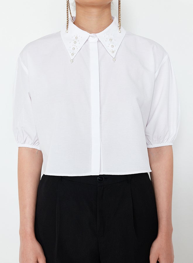 trendyol White Pearl Detailed Woven Poplin Shirt TPRSS24GO00010 - Image 4