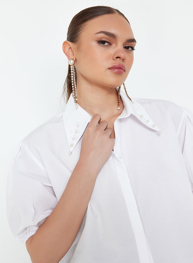 trendyol White Pearl Detailed Woven Poplin Shirt TPRSS24GO00010 - Image 2