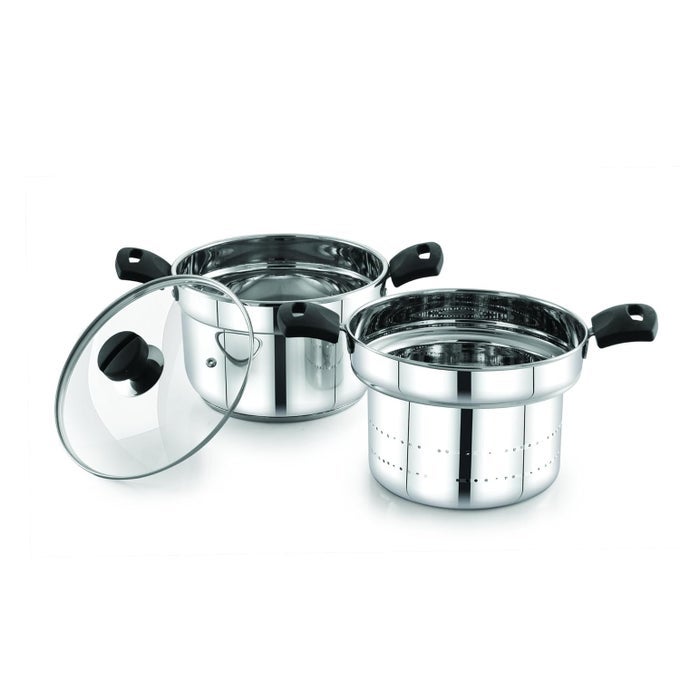 MULTIPURPOSE COOKPOT WITH GLASS LID INCLUDES STRAINER AND STEAMER POT TRIPLY BASE SANDWICH BOTTOM HEATRESISTANT SILICONE HANDLES FOR COOKING STEAMING AND FRYINGWO IDLY PLATE