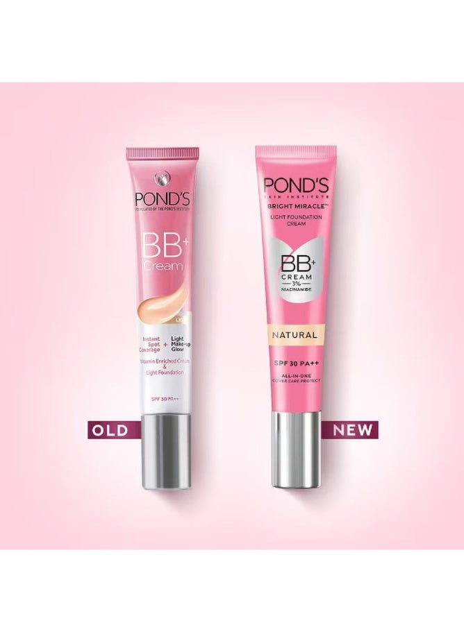 Pond's Bright Miracle Light Foundation BB+ Cream Natural 18g | 3% Niacinamide | SPF 30 PA++ | All-in-One Cover Care Protect - Image 2