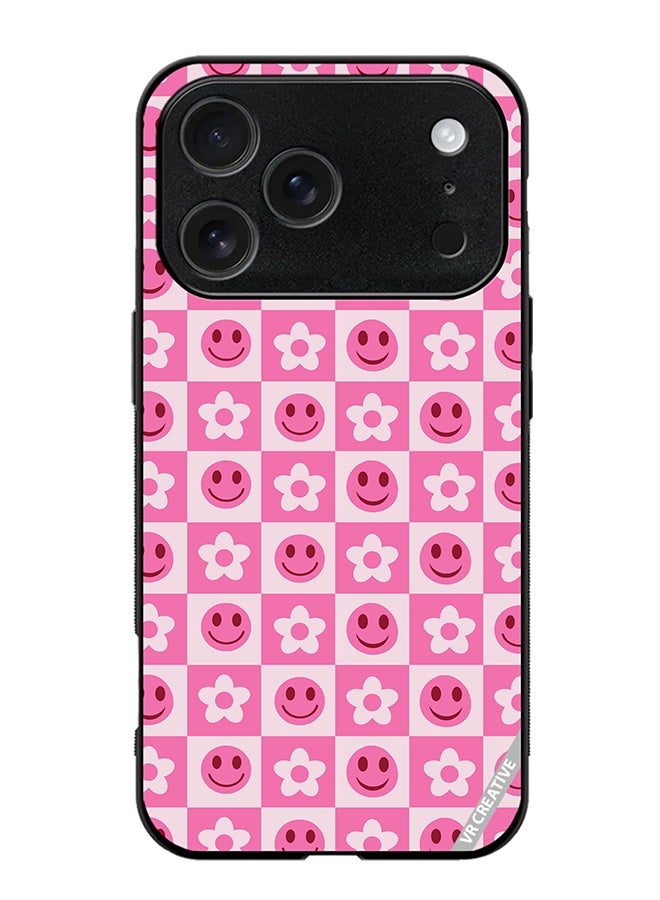 VR CREATIVE Protective Case Cover For Apple iPhone 17 Pro Max Checkered Hot Pink Retro Flowers And Happy Faces Seamless Pattern Design Multicolour