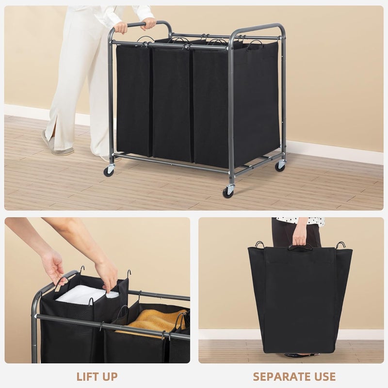 STORAGE MANIAC 3 Section Laundry Sorter, 3 Bag Laundry Hamper Cart with Heavy Duty Rolling Lockable Wheels, Removable Bags, Black - Image 4