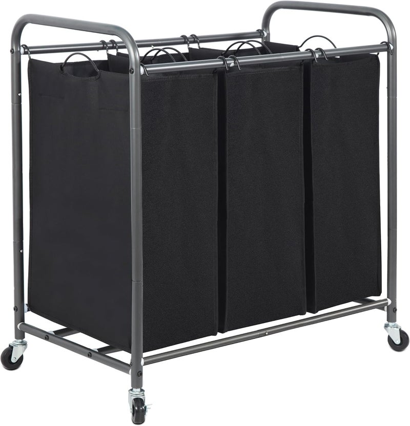STORAGE MANIAC 3 Section Laundry Sorter, 3 Bag Laundry Hamper Cart with Heavy Duty Rolling Lockable Wheels, Removable Bags, Black - Image 1
