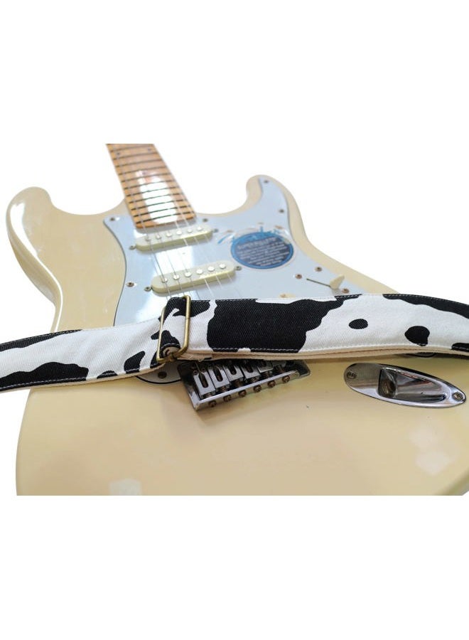 MUSIC FIRST Original Design, 2 inch width (5cm), Black and White Canvas "Dairy Cow" Electric Guitar Strap (Dairy Cow) - Image 2