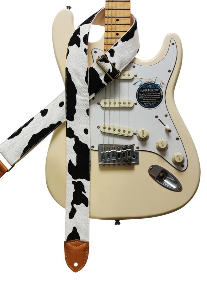 MUSIC FIRST Original Design, 2 inch width (5cm), Black and White Canvas "Dairy Cow" Electric Guitar Strap (Dairy Cow) - Image 1