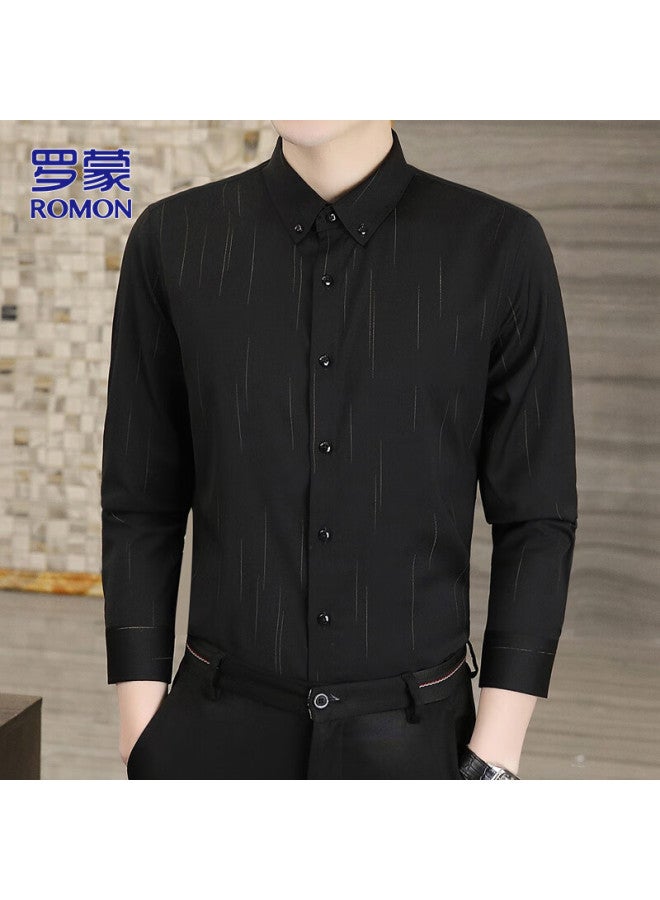 Romon Men's Long Sleeve Shirt Winter Business Shirt Men's Casual Slim Fit Base Shirt Jacket Black XL - Image 2