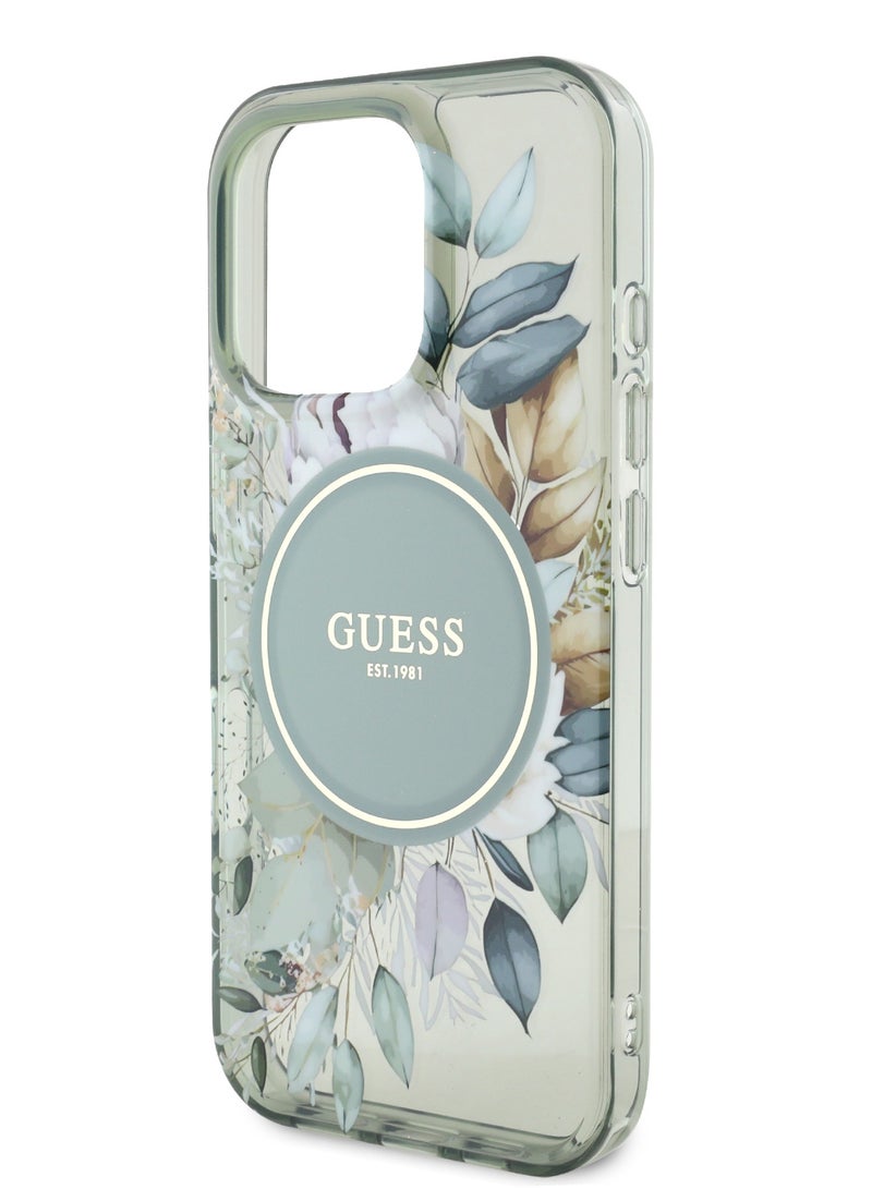 GUESS iPhone 16 Pro Max MagSafe Case IML Transparent Hard Cover with Flower Design & Tonal Circle Logo / Lightweight / High Quality Material - Green - Image 1