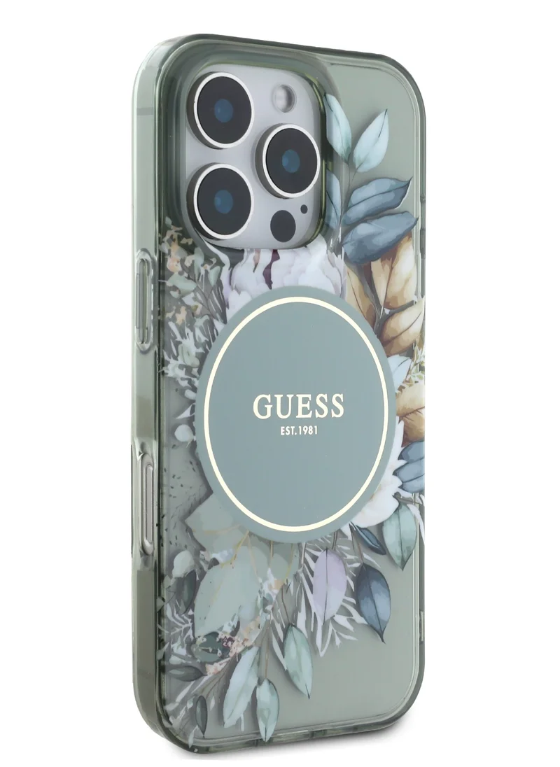 GUESS iPhone 16 Pro Max MagSafe Case IML Transparent Hard Cover with Flower Design & Tonal Circle Logo / Lightweight / High Quality Material - Green