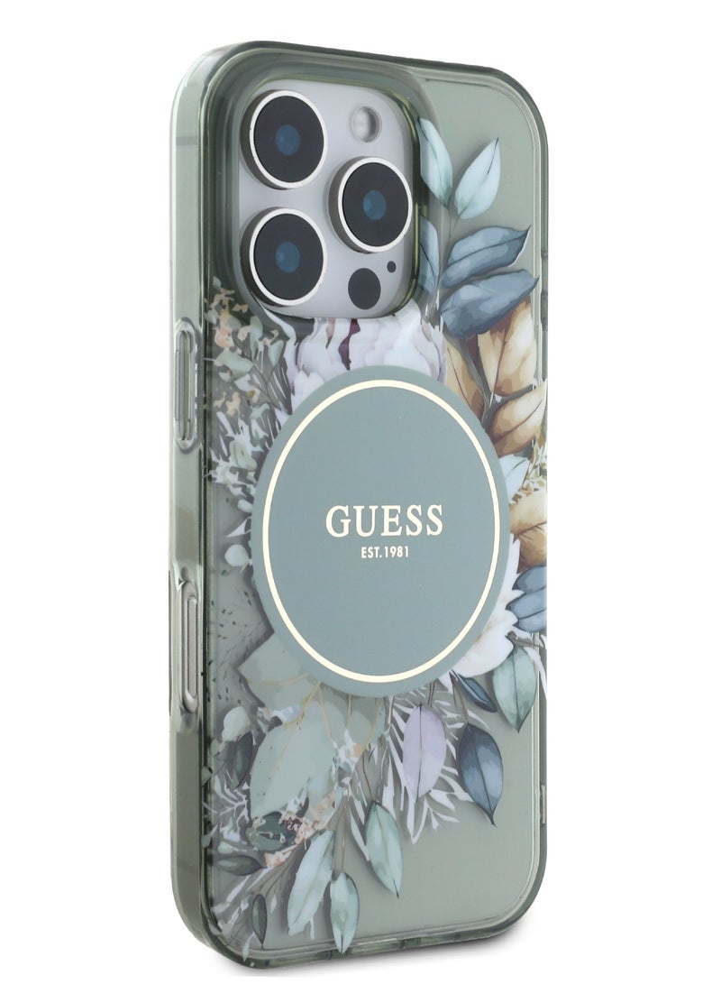 GUESS iPhone 16 Pro Max MagSafe Case IML Transparent Hard Cover with Flower Design & Tonal Circle Logo / Lightweight / High Quality Material - Green - Image 3