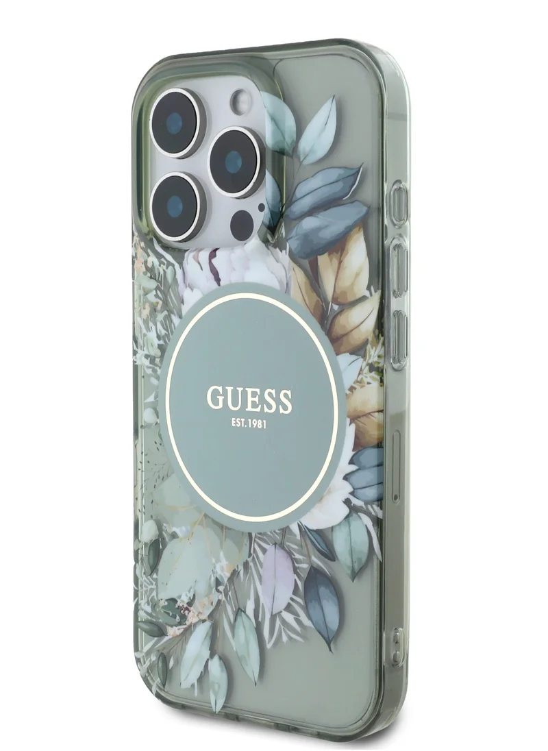 GUESS iPhone 16 Pro Max MagSafe Case IML Transparent Hard Cover with Flower Design & Tonal Circle Logo / Lightweight / High Quality Material - Green