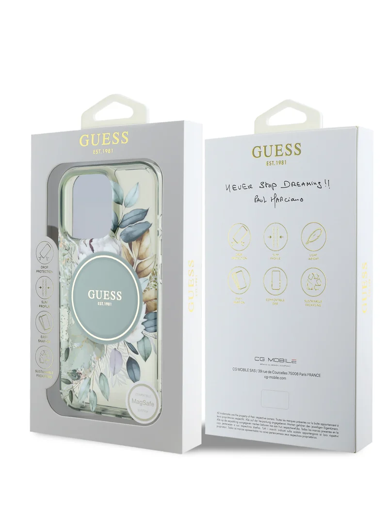 GUESS iPhone 16 Pro Max MagSafe Case IML Transparent Hard Cover with Flower Design & Tonal Circle Logo / Lightweight / High Quality Material - Green
