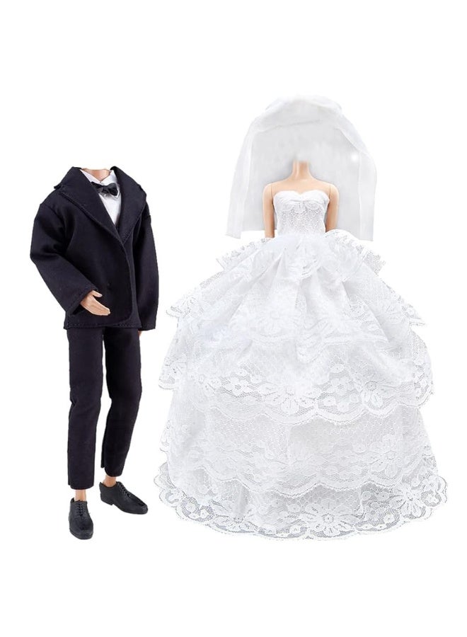 ETING Wedding Set Beautiful Gown White Bride Dress Clothes with Veil and Groom Business Suit Outfit for Boy Girl DollsDoll Not Included