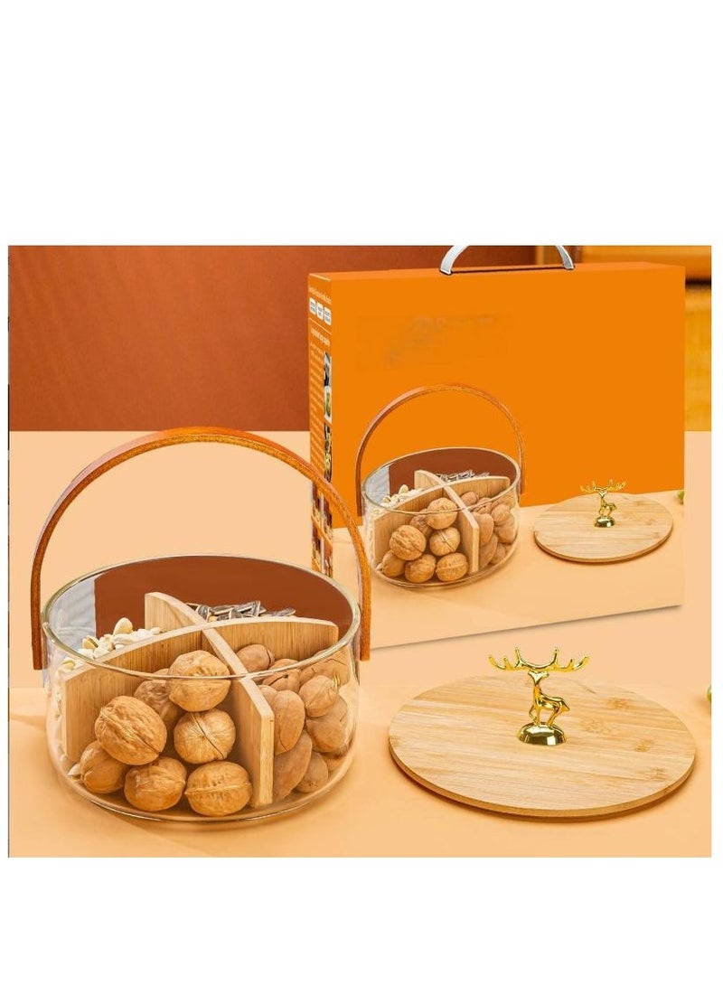 Glass Divided Serving Tray with Lid Handle, Clear Glass Basket Fruit Serving Bowl, Divided Serving Tray&Handle, for Serve Fruit, Food, Sweets, Nuts,  Snacks with 4 Compartments, Platter Food Storage Container Box  - Image 1