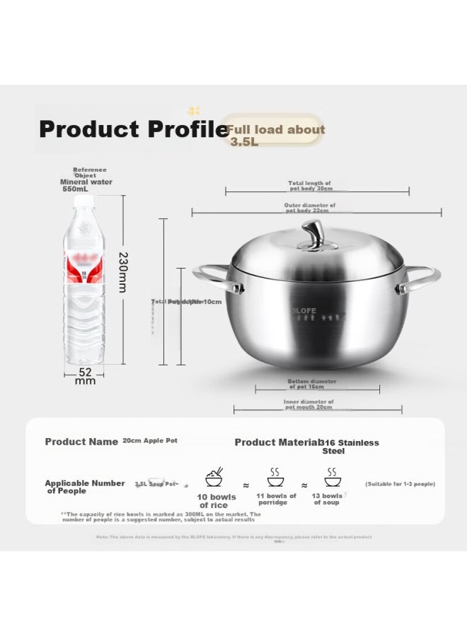 Olofe 316 Stainless Steel Apple Soup Pot Baby Food Pot Thickened Bottom Porridge Soup Pot Stew Pot 20cm - Image 1
