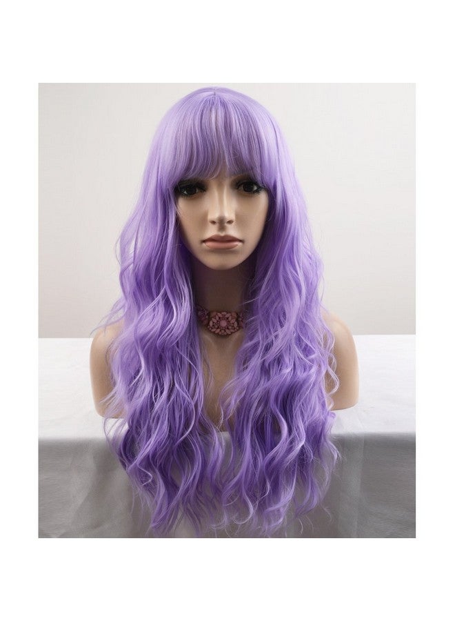 BERON 23’’ Women Girls Lovely Synthetic Mix Color Long Curly Wigs Pin Curls With Neat Bangs Hairnet Included (Lavender Purple) - Image 1