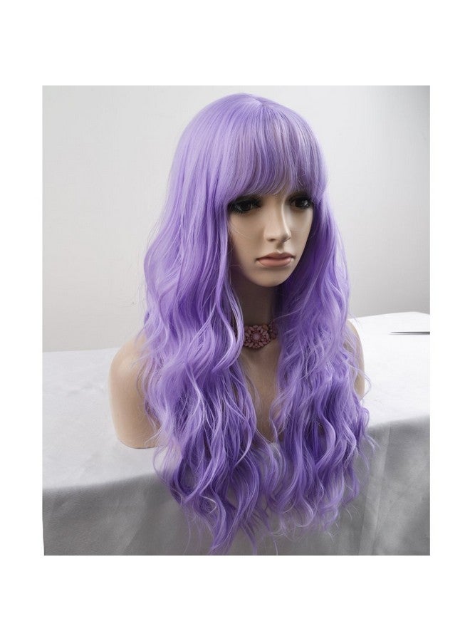 BERON 23’’ Women Girls Lovely Synthetic Mix Color Long Curly Wigs Pin Curls With Neat Bangs Hairnet Included (Lavender Purple) - Image 3