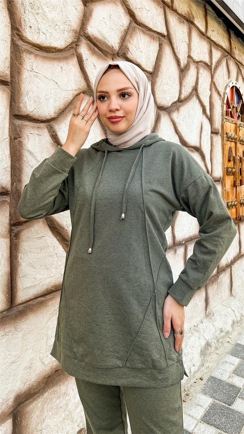 Bwest Hooded O Neck Plain Basic Double Tracksuit Sports Set - 3039 - Khaki - Image 5