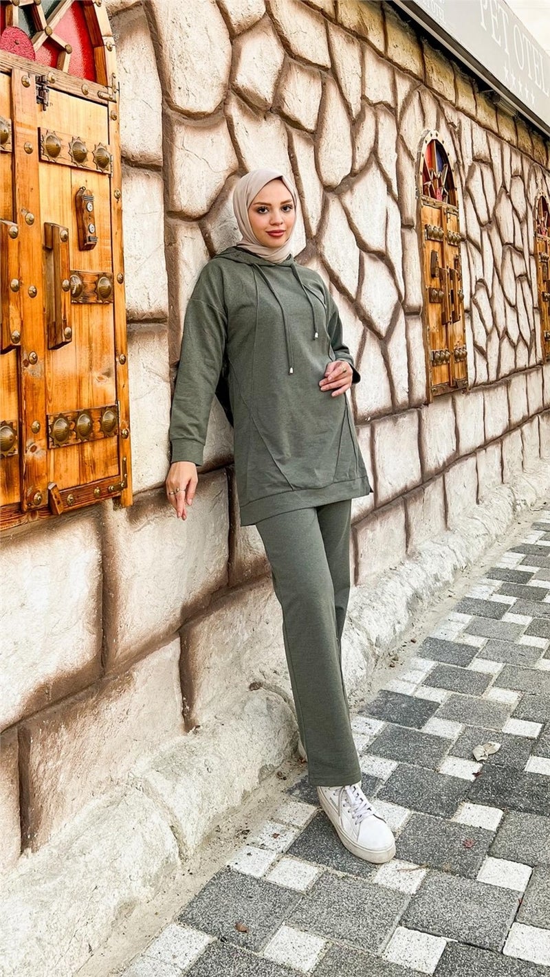 Bwest Hooded O Neck Plain Basic Double Tracksuit Sports Set - 3039 - Khaki - Image 2