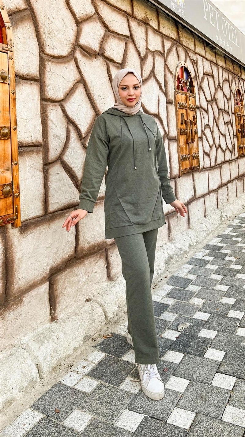 Bwest Hooded O Neck Plain Basic Double Tracksuit Sports Set - 3039 - Khaki - Image 1