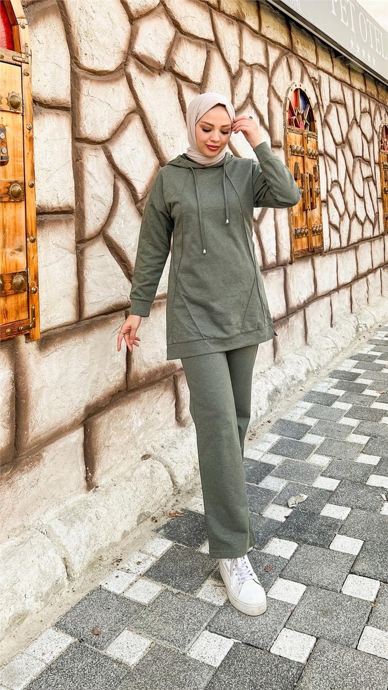 Bwest Hooded O Neck Plain Basic Double Tracksuit Sports Set - 3039 - Khaki - Image 4