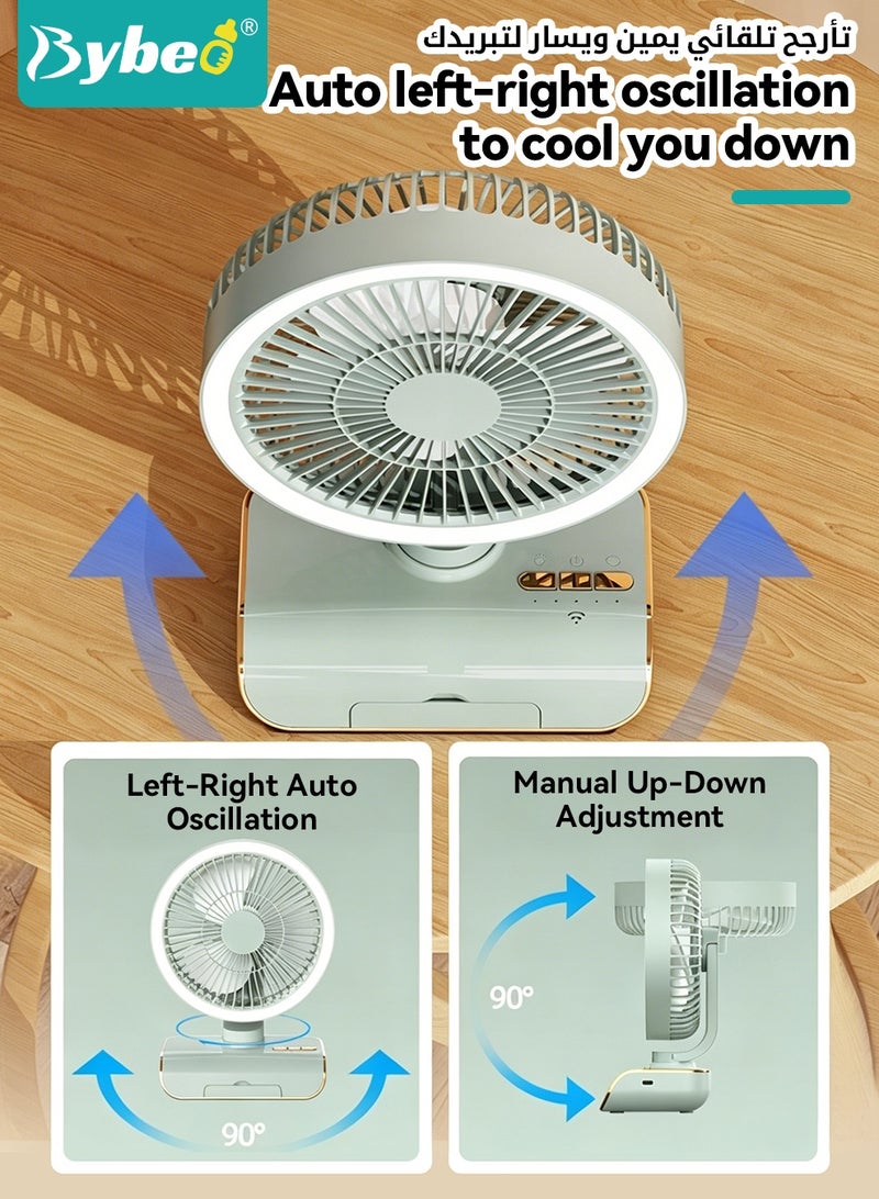 Bybeo USB Desk Fan, Auto-Oscillating Table Fan, Portable Cooling Fan with Night Light and Hanging Hook, Ultra-Quiet Air Circulator Fan for Desktop, Office, Bedroom, Living Room, 5 Speeds Adjustable＆4000mAh Battery - Image 3