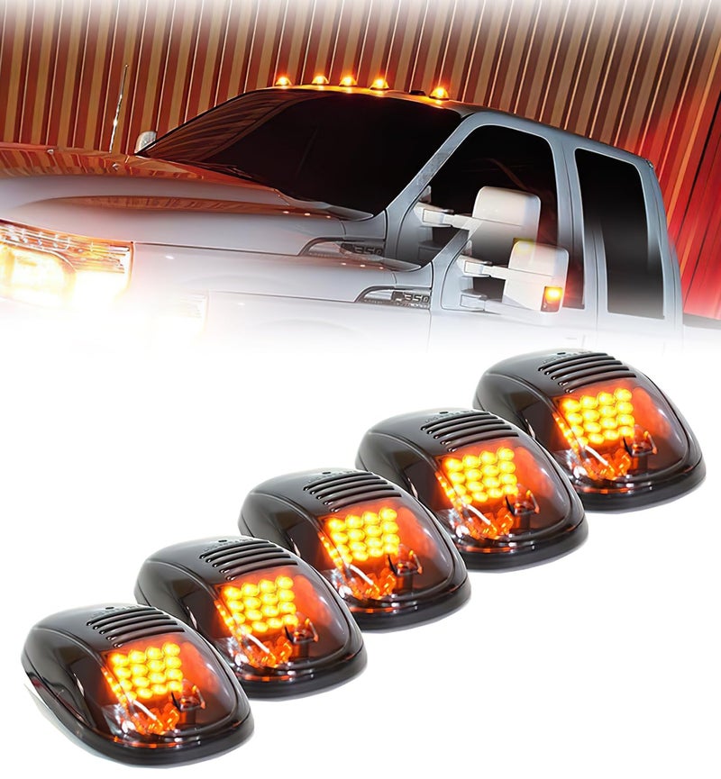 Xprite Black Smoked Lens 16 LEDs Cab Clearance Light 5 Pcs Roof Top Marker Running Lights Kit for Ford Dodge Ram Trucks SUV POV Pickup - Amber Yellow - Image 1