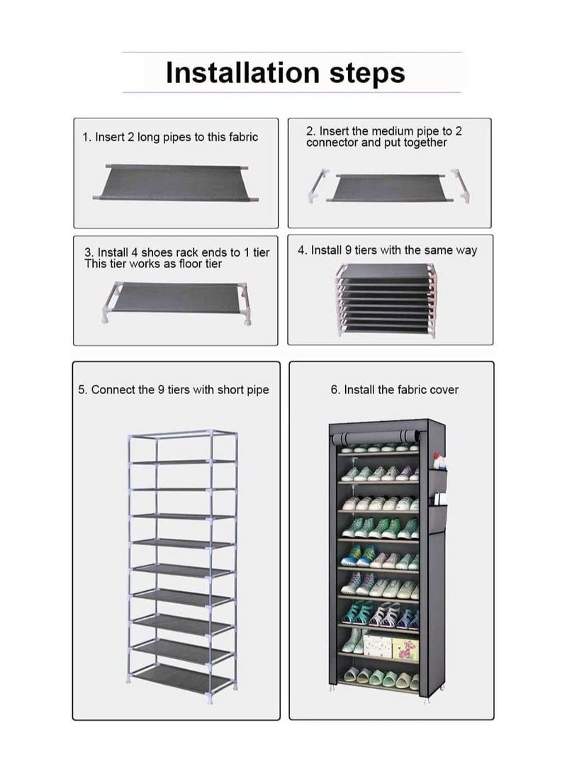 BLOOMING TIME 9-Tier Non-Woven Fabric Shoe Rack with Waterproof Cover, Heavy-Duty Shoe Storage Organizer for 27 Pairs, Large-Capacity Shoe Storage Organizer for Entryway, Dormitory, Office and Hallway- 60x30x155cm - Image 3