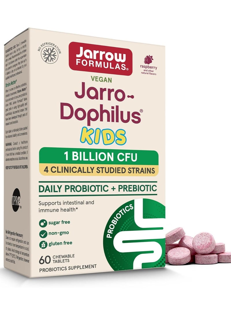 jarrow formulas Jarro-Dophilus Kids Daily Probiotic + Prebiotic Raspberry 1 Billion CFU 60 Chewable Tablets - Image 1