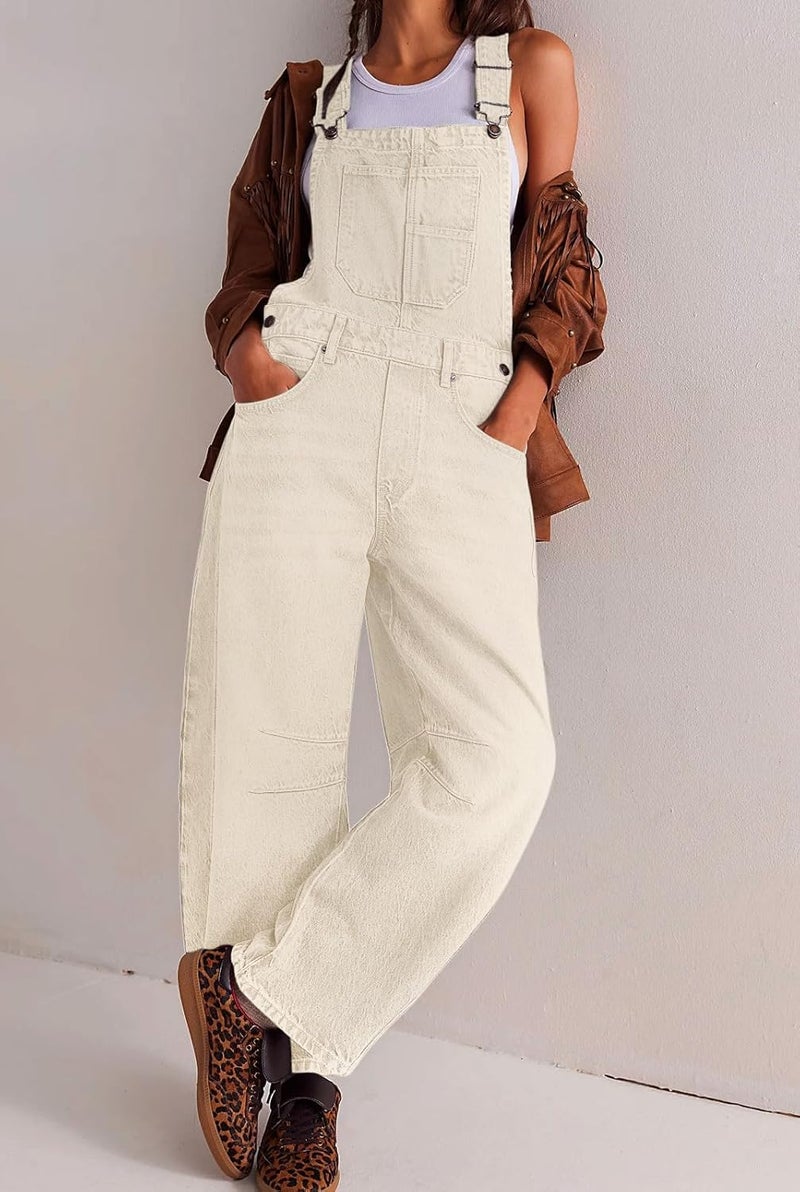 yoeasy Womens Denim Bib Overalls Barrel Wide Leg Baggy Adjustable Strap Denim Pants Jumpsuits with Pockets (X-Small, Off-white) - Image 1