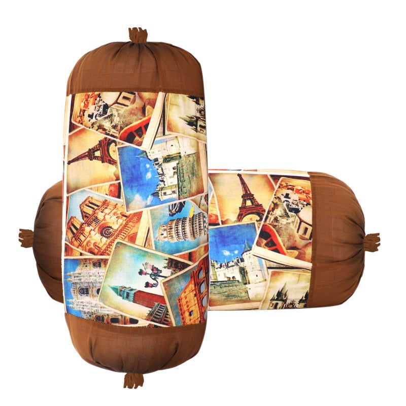 Kuber Industries Tourism Place Design Design Cotton 2 Pieces Bolster Cover Set (Gold) - Image 1