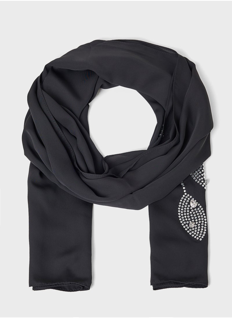 Khizana Leaf Detail Diamante Long Hijab Scarf  - Image 1