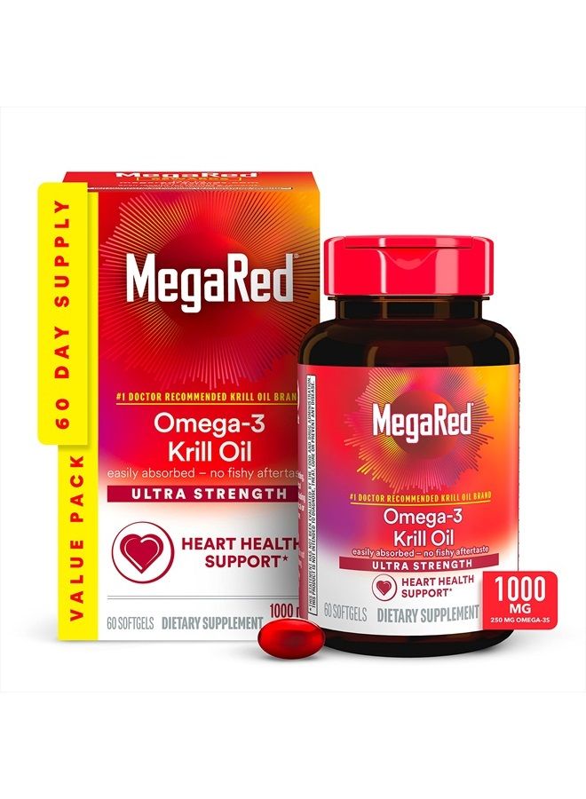 Megared MegaRed #1 Doctor Recommended Krill Oil Brand - 1000mg Omega 3 Supplement with EPA, DHA, Astaxanthin & Phospholipids, Supports Heart, Brain, Joint and Eye Health, No Fish Oil Aftertaste - 60 Softgels  - Image 1