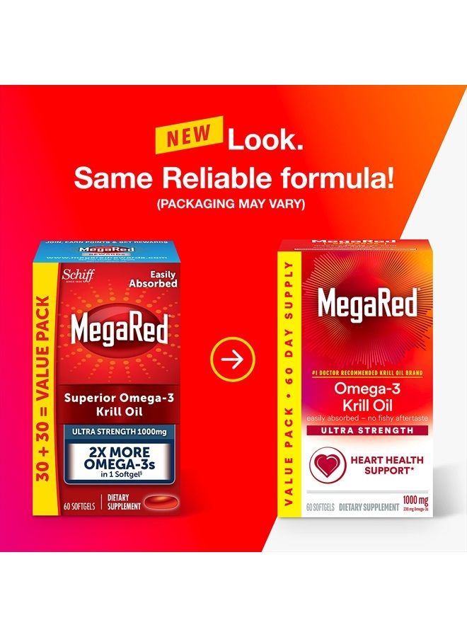 Megared MegaRed #1 Doctor Recommended Krill Oil Brand - 1000mg Omega 3 Supplement with EPA, DHA, Astaxanthin & Phospholipids, Supports Heart, Brain, Joint and Eye Health, No Fish Oil Aftertaste - 60 Softgels  - Image 2