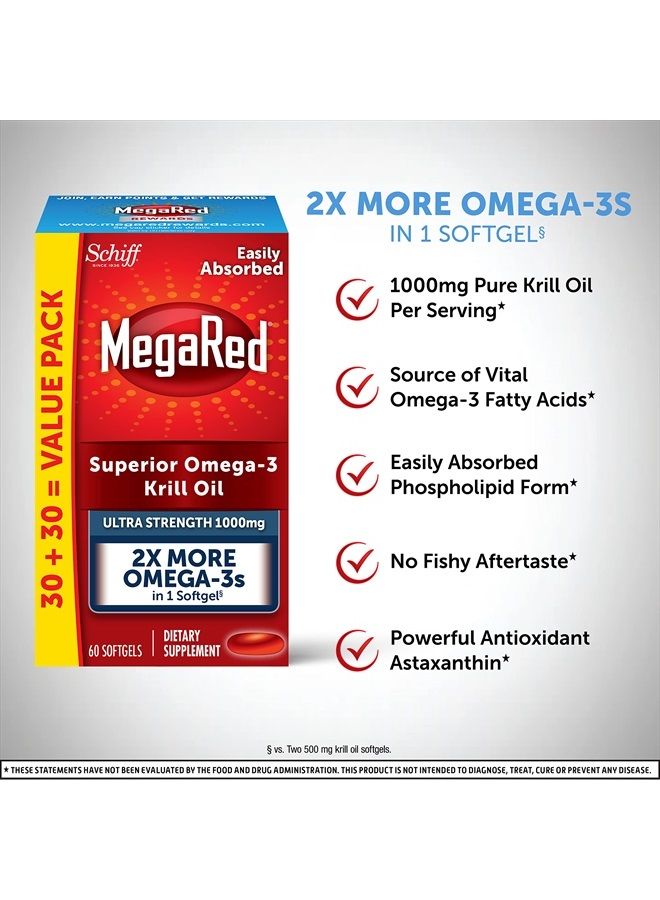 Megared MegaRed #1 Doctor Recommended Krill Oil Brand - 1000mg Omega 3 Supplement with EPA, DHA, Astaxanthin & Phospholipids, Supports Heart, Brain, Joint and Eye Health, No Fish Oil Aftertaste - 60 Softgels  - Image 3