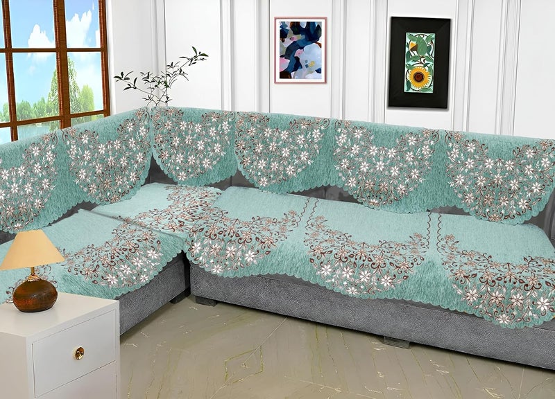 Fashion Throw l Shape Sofa Cover 7 Seater Chenille AntiSlip Sofa Cover Protector Covers Sofa Cover for Living Room Sofa Slipcovers Sage Green Design2 LShape - Image 1