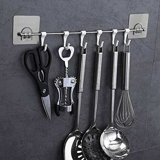 Vdhja 6 Hooks Hanger with Self Adhesive Stainless Steel Rod and Magic Sticker Wall Mounted Utensil Holder KitchenBathroom Towel Rack 6 Hook Hanger - Image 5