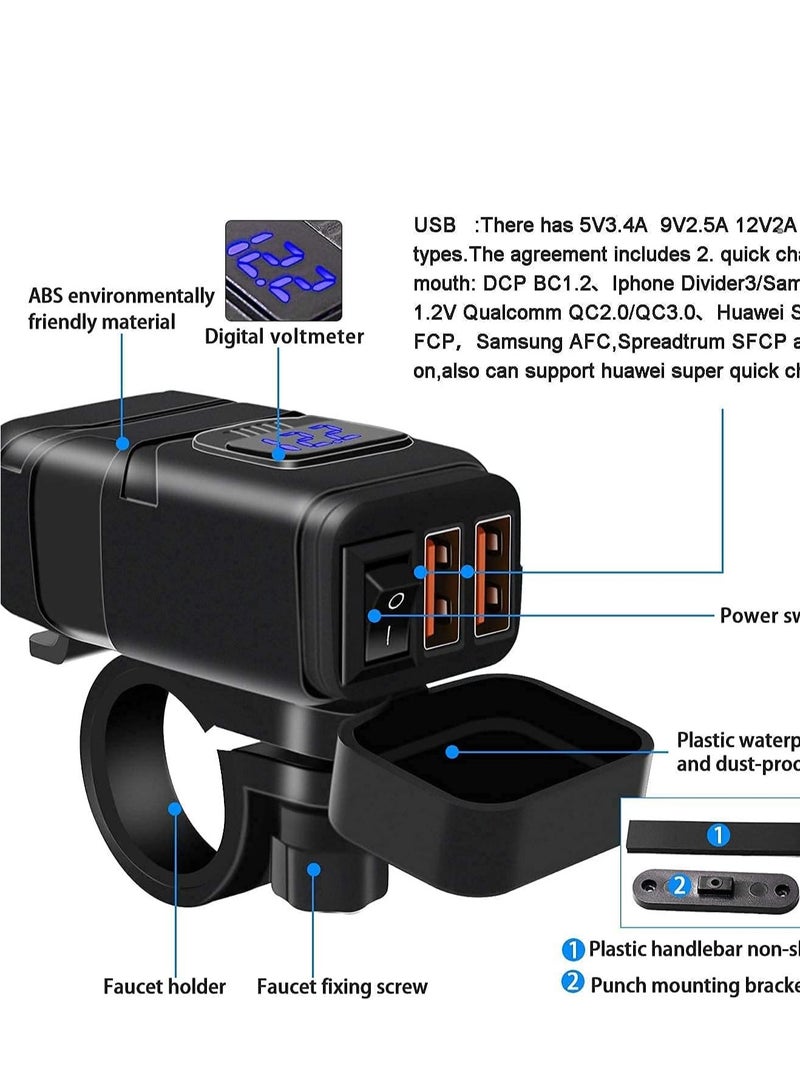 Motorcycle Charger SAE to USB Car Adapter Dual Fast and 12V Voltmeter with Independent On/Off Power Switch 10A Fuse Charging Kit for Phone GPS Tablet - Image 4
