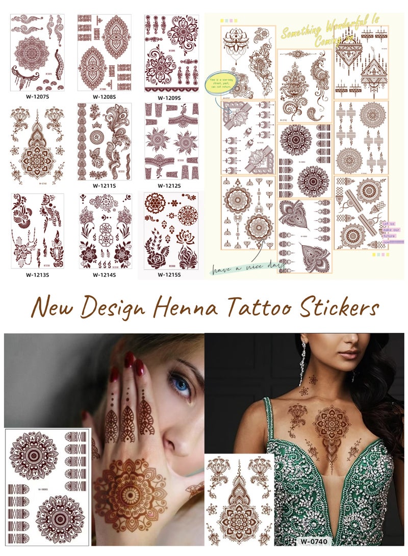 18 Sheets Henna Temporary Tattoo Stickers Mehndi Design Full Hand Brown - Image 1
