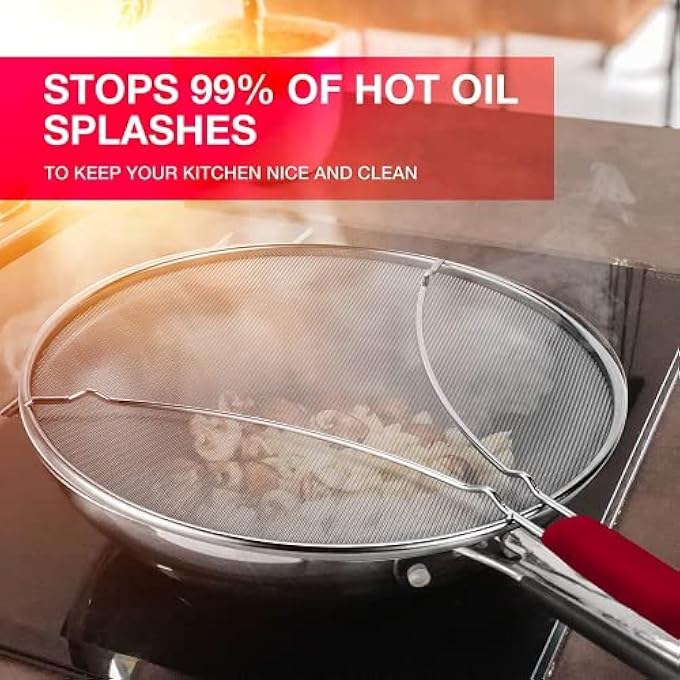 MAKREL Premium Stainless Steel Splatter Screen Guard Extra Fine Mesh Frying Pan Cover With Heat Resistant Handle Protect From Hot Oil  Grease Splash When Cooking And Frying Red Handle 33Cm - Image 3