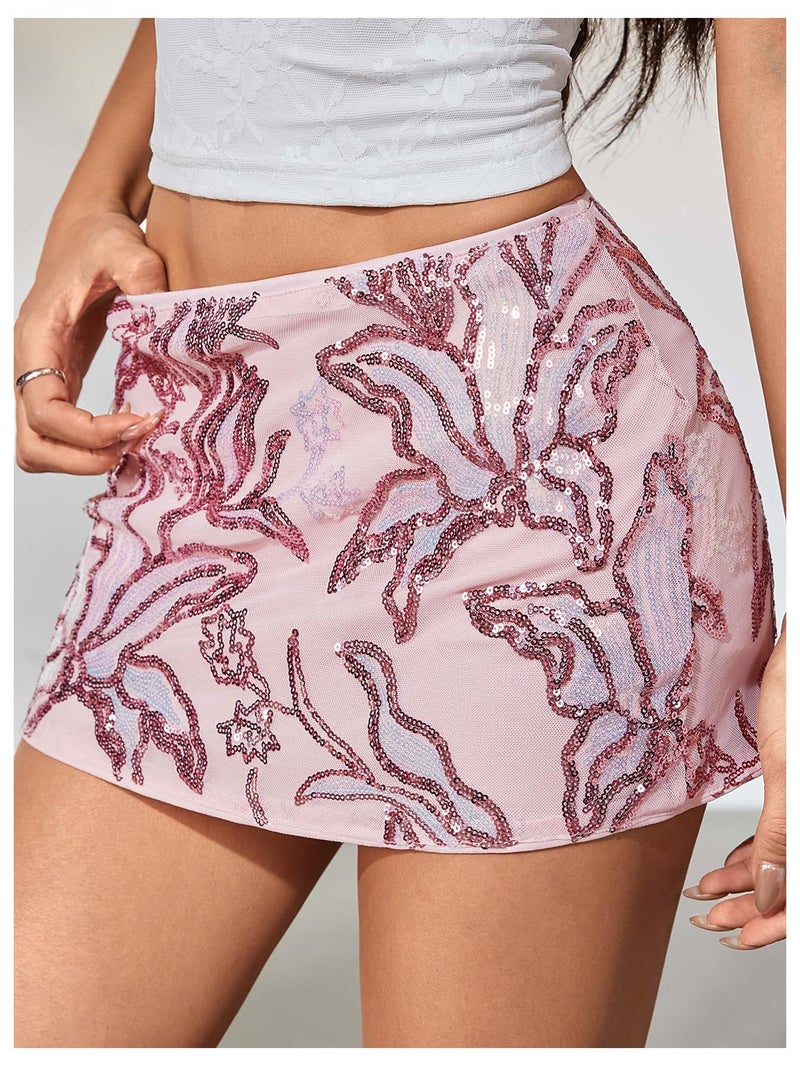 MakeMeChic Women's Floral Sequin Sparkly Mini Skirt Low Waist Bodycon Party Short Skirts Pink Medium - Image 4