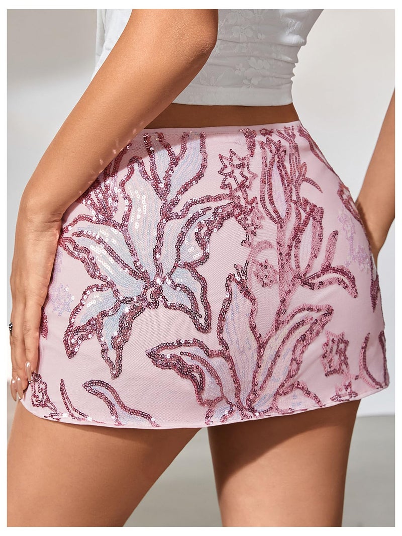 MakeMeChic Women's Floral Sequin Sparkly Mini Skirt Low Waist Bodycon Party Short Skirts Pink Medium - Image 2