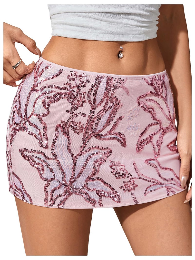 MakeMeChic Women's Floral Sequin Sparkly Mini Skirt Low Waist Bodycon Party Short Skirts Pink Medium - Image 1