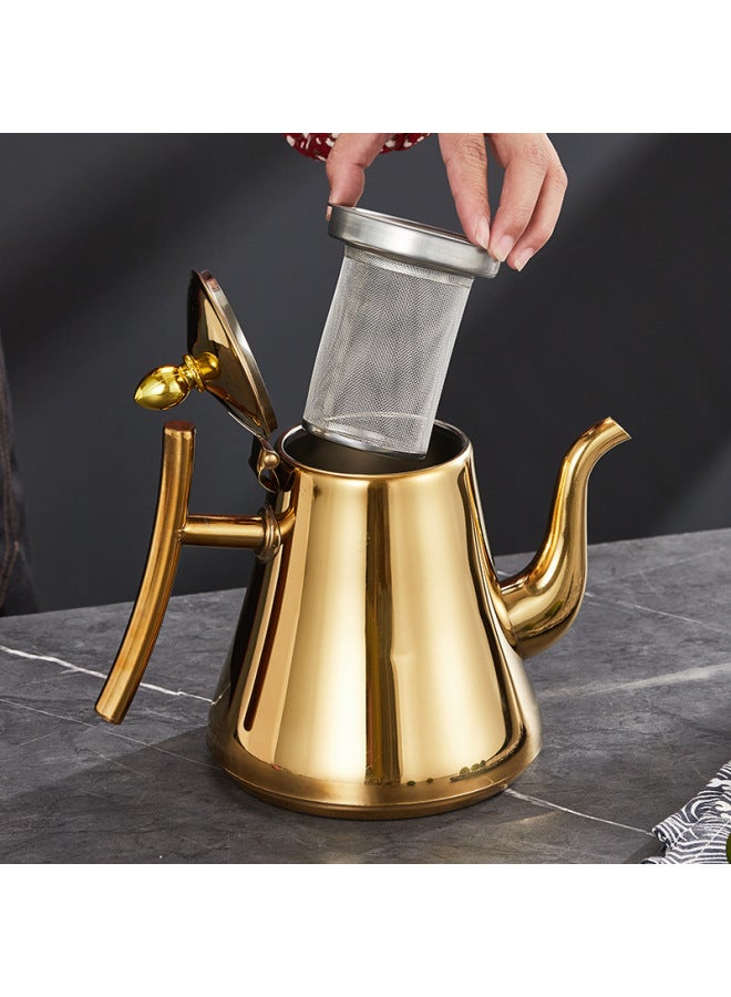 Stainless Steel Teapot With Strainer Flower Teapot Induction Cooker Long Mouth Large Teapot Oil Pot For Hotel Restaurant-Capacity:1.8L Golden Palace Pot (with Filter) - Image 5