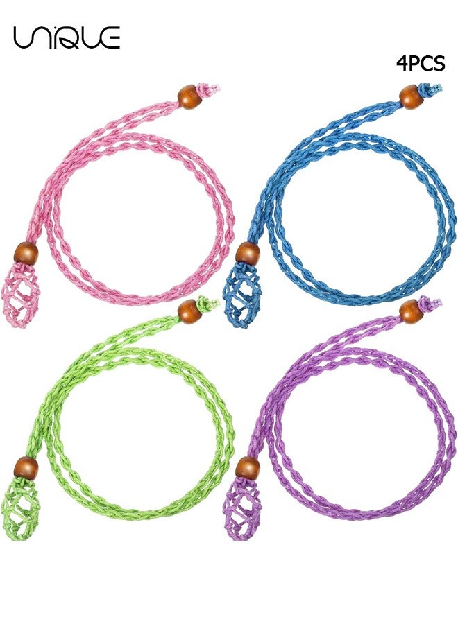 Unique 4-Pieces Crystal Necklace Rope, Empty Stone Crystal Holder Adjustable Rope Necklace Cord, Quartz Crystal Raw Stone Woven Netted Cage Necklace Cord - Image 1