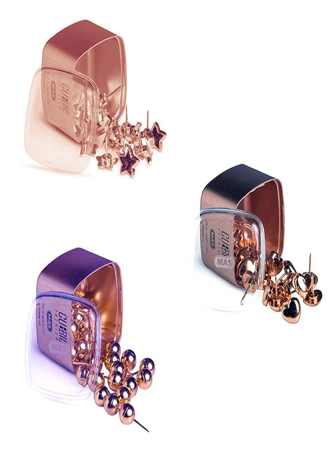 Mas Cubbie Push Drawing Cockboard Bulletin Board Pins Map Tacks in Star, Heart, Sphere Shape - Metallic Rose Gold Colour for Office College School Home with Storage Box - 65 Pins - Image 1