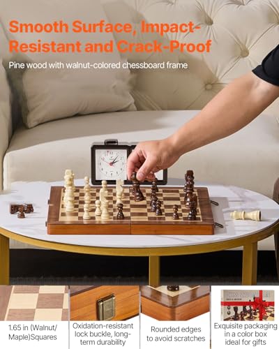 VEVOR 15inch Magnetic Wooden Chess Set 2in1 Folding Chess and Checkers Game for Adults and Kids Portable Travel Chess Set with 2 Queens Ideal for Tournaments Professionals and Beginners - Image 5