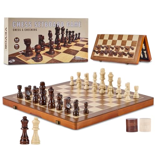 VEVOR 15inch Magnetic Wooden Chess Set 2in1 Folding Chess and Checkers Game for Adults and Kids Portable Travel Chess Set with 2 Queens Ideal for Tournaments Professionals and Beginners - Image 1