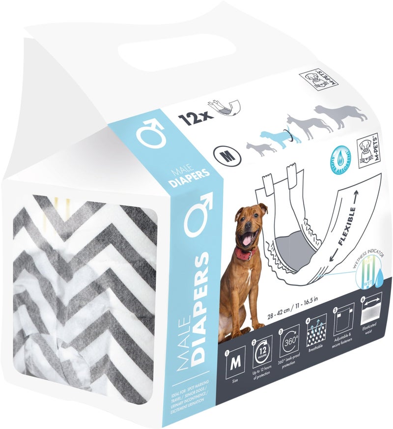 M-PETS Male Disposable Dog Diapers, Ultra Absorbent with Wetness Indicator, 12 Hour Protection, Adjustable Fasteners, Travel, Excitable Urination & Incontinence, Waist: 20-55 cm, Medium (Pack of 12) - Image 1